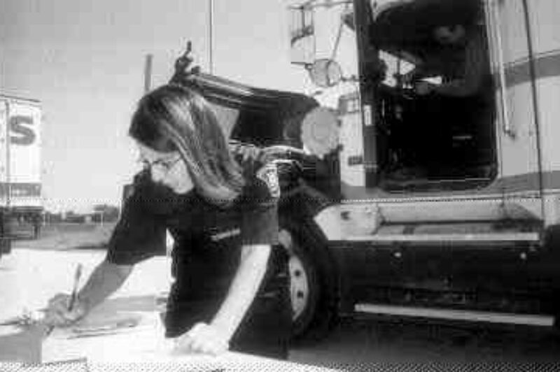 BRAKE BLITZ: Transportation enforcement officer, Sandra Rei, goes through a checklist at the Trafalgar North Truck Inspection Station during the 16-hour Operation Air Brake held on Sept. 5. The numbers are still being compiled and Truck News will publish them when they become available.