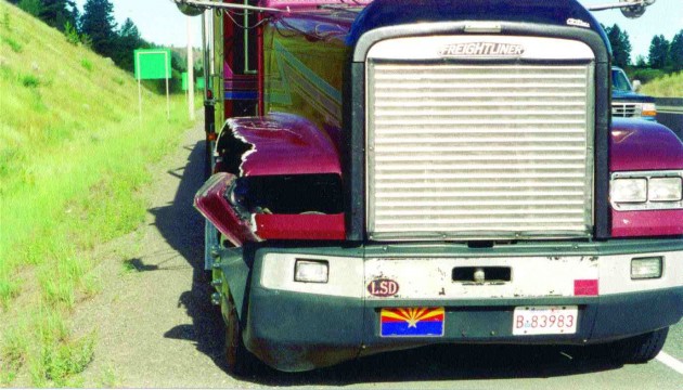 NOT VICTIMLESS: The impact of the accident cracked Lothamer's tractor.