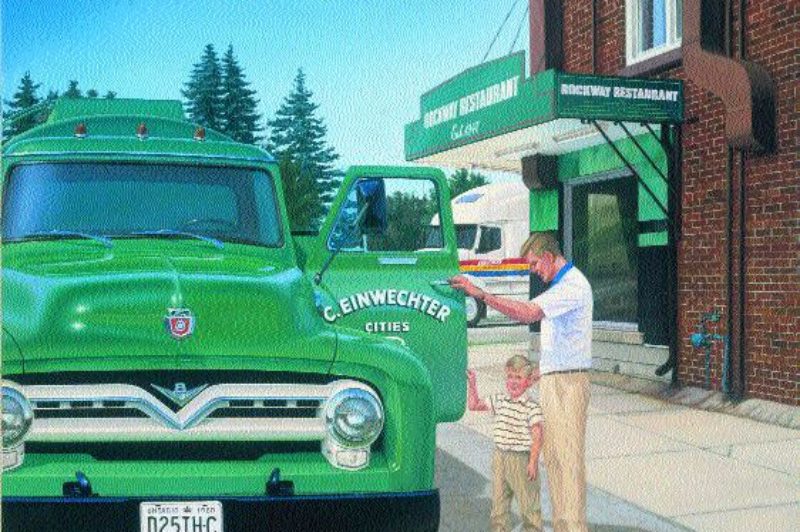 LOOKING BACK: Lance Lowther's paintings have touched many in the industry. In this painting, Dan Einwechter, president of Challenger Motor Freight is five-years-old and he's with his dad Carson, who died in 1960. A 2000 Volvo, painted in Challenger colours, waits in the background. For more on Lance Lowther's work, see pg. 75.
