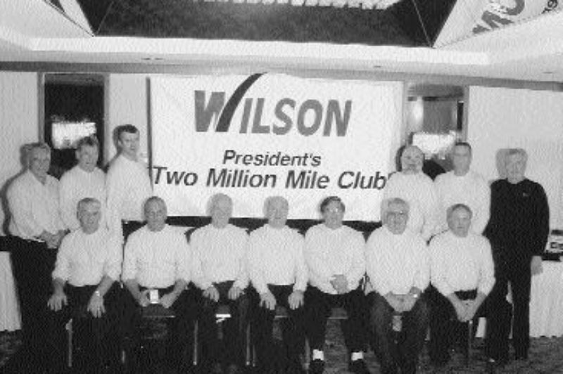 WILSON'S TWO MILLION MILE CLUB: (From L to R - back row) Steve Pettigrew, William Harlow, Fred Brown, Rod Graff, Jim Grainger, George Haney, (From L to R - front row) Rance Tremblett, Frank Hamilton, Dave Chapman, Jim Wilson, Brian Short, Glen Dow, Steve Dow (Absent) Harold Butt.