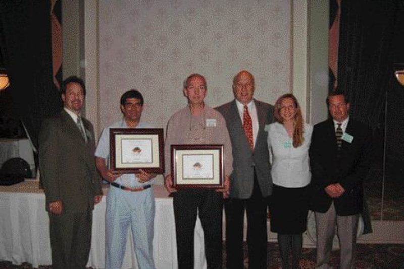 TOP TECHIES: Felix Sarduy and Wayne (Jake) Moore were named the 2004 Chevron Delo Diesel Technicians of the Year - the first time top honours were shared between two entrants. Pictured from left to right: Doran Hart, Chevron, Ontario sales manager, Sarduy, Moore, Bill Stewart, Chevron, national accounts manager, Katia Papadimatos, Chevron, marketing coordinator and David Buckley, Chevron, sales manager.