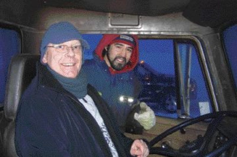 DREAM COME TRUE: Joachim Hilmerich gets some advice from construction worker Toby, before heading out on the ice roads.