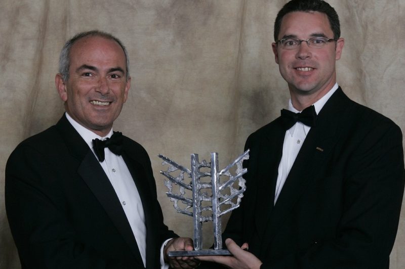 From left, Mercuriades gala chairman Benjamin J. Kemball, CEO and president of Imperial Tobacco Canada, presents the 2007 Mercuriades human resources award in the large business category to Alain Boissonneault, human resources manager, PACCAR Ste. Therese plant.