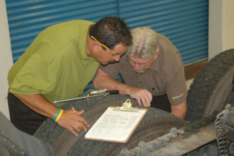 Rocky Zucchelli (left) from Wingfoot Commercial Tire in Stockton, Calif., and Mike Stout from Wingfoot Nationwide Sales, perform a tire and wheel inspection during 