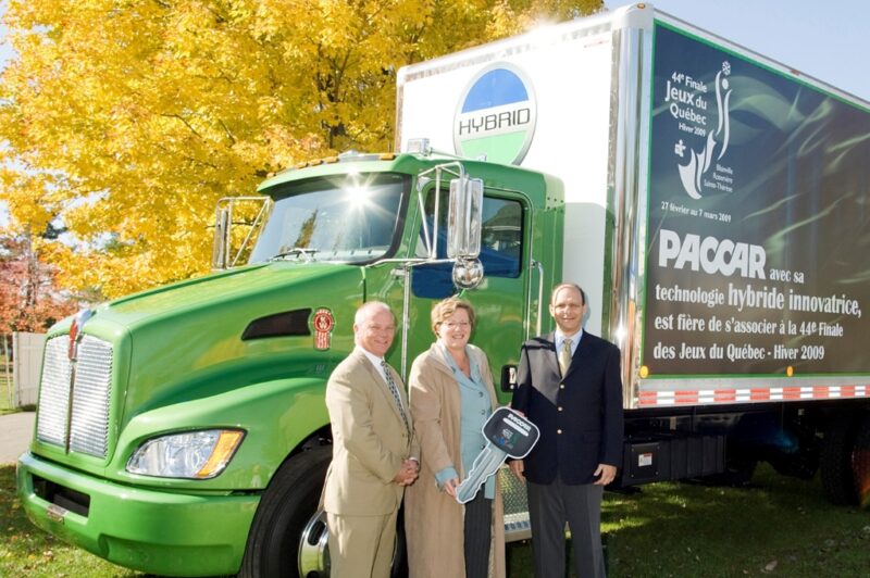 From left, Kelly Kennedy, Kenworth Canadian sales director; Ste. Therese Mayor Sylvie Surprenant; and Chakib Toubal Seghir, PACCAR Ste. Therese plant manager.