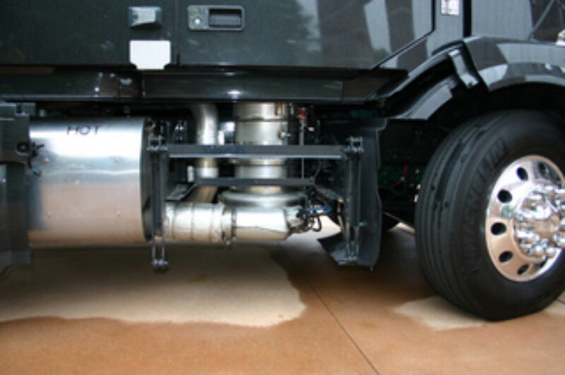 The SCR system is hidden from view by the side fairings, which were removed for this picture.