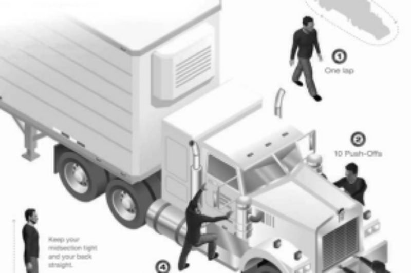 OTR WORKOUT: Before beginning, be sure to warm up well. 1. Take one lap around your rig. 2. Do 10 push-offs from your truck (arms placed shoulder-width apart and legs hip width apart). Stand three feet away from your rig, place hands on your truck and push off slowly as you count to three. Repeat five times. 3. Move to the front of your truck and hold onto your bumper and on a count of three, slowly squat down as if you were sitting on a chair. Slowly raise yourself on a count of three. Keep your core (stomach muscles engaged). 4. Move to the steps of your rig and step up with one leg and back down with the other for a count of 10 reps with each leg. Use your grab handle for support if necessary, but use your legs -not your arms. 5. Take another lap around your rig. 6. Repeat this routine up to three times. 7. Cool down and stretch.