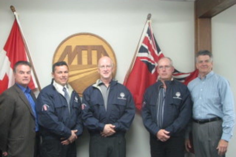 From left to right: Earl Coleman (president, Manitoba Trucking Association), Bruce Wright (Northern Deck), Fred Barnett (Len Dubois Trucking, Inc), Robert St. Vincent (Bison Transport) and Jim Clark (Custom Truck Sales Inc.).  Missing from picture: Doug Ducharme (Arnold Bros. Transport).