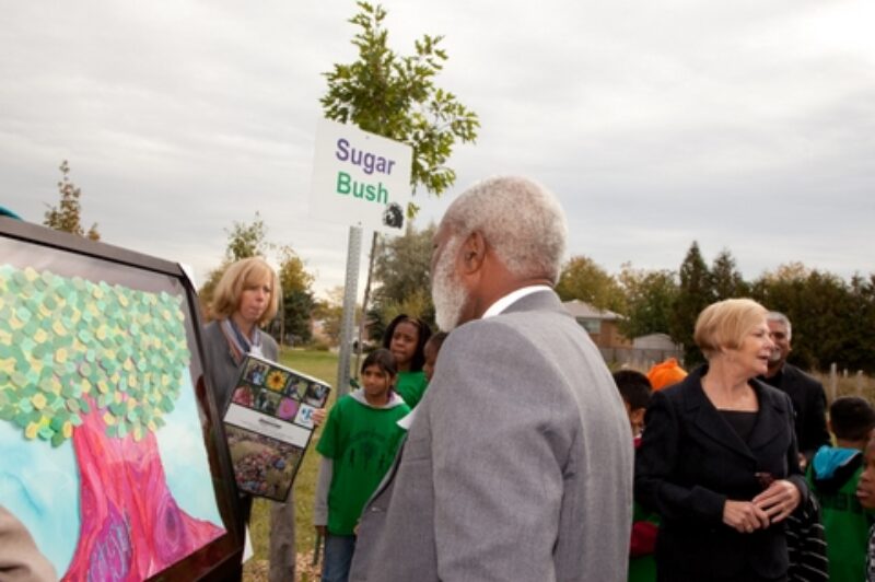 Students, teachers, community members, and representatives from Bridgestone Canada and Evergreen were present at a recent celebration of the completion of Lancaster Public School's new five-acre outdoor classroom. The unique learning area was sponsored by both Bridgestone and Evergreen.