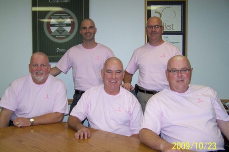 Top Yanke executives will be sporting the cue-ball look this fall after staff raised more than $40,000 for cancer research. Pictured in front row from left to right: Bryan Richards, Russel Marcoux, and Craig Bailey. Back row from left to right: Brett Marcoux and Dale Booth.