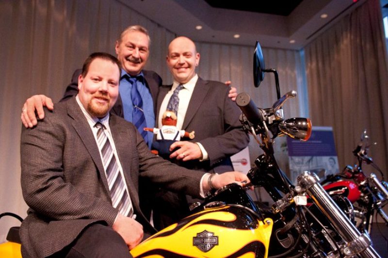 Dennis Baehnk (seated on motorcycle), Dan Teleglow (centre) and Chris Dunn will be representing Beaver Truck Centre at the Volvo Vista world championship in Sweden in June. Each team member was presented with a motorcycle for reaching the competition's finals.