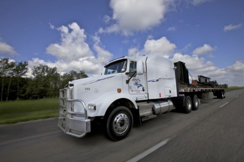 A TimeLine Logistic truck travels down the road outside Saskatoon, Sask.