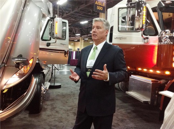 Navistar's Steve Gilligan at ATA conference and trade show explaining company plans to move ahead with SCR engine technology starting in January.