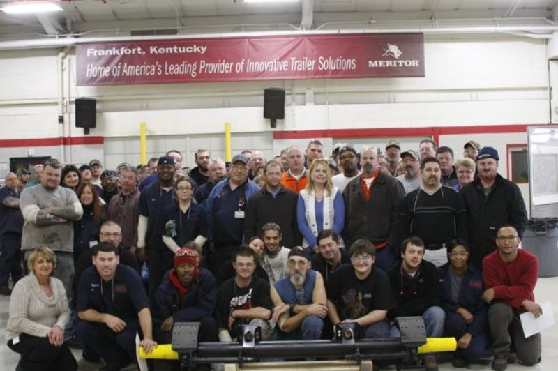 Employees at Meritor's Frankfort trailer products plant are pictured with the 10 millionth trailer axle produced by the company. The axle was shipped to Wabash for installation in a trailer that will be put into service by Werner Enterprises.