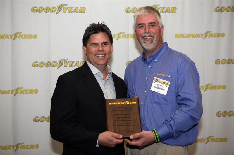 2012 Goodyear North America Highway Hero Award winner Jason Harte (right), with Gary Medalis, director of marketing, Goodyear Commercial Tire Systems. Harte rescued a family of six from a smashed minivan.