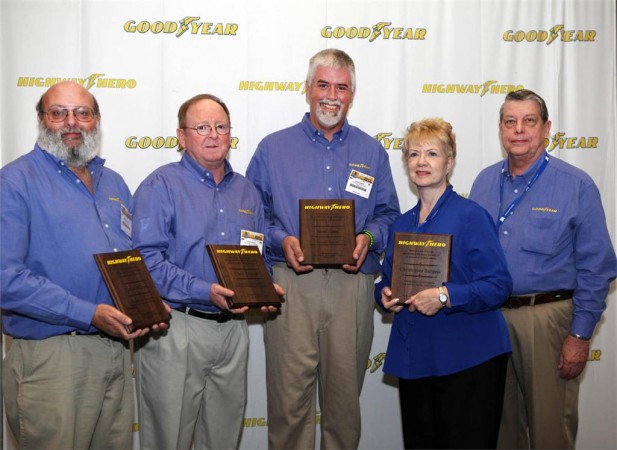 Finalists for the 2012 Goodyear North America Highway Hero Award include (from left to right): David Williams, Chad Dickey, award winner Jason Harte, and Claire and Rodger Burgess. They were honoured by Goodyear on March 21 during the Mid-America Trucking Show.