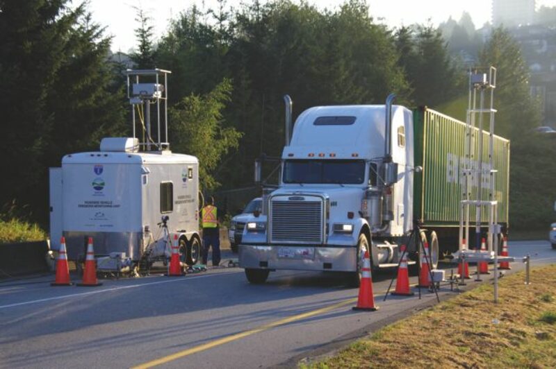 A remote sensing unit is positioned at roadside in B.C. to collect data on heavy-truck emissions in the province.