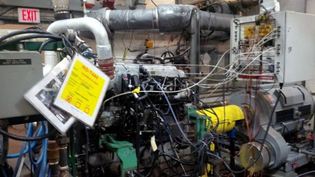 An International MaxxForce engine is put through its paces in a test cell at Navistar's revamped Melrose Park Test Center and Engine Plant.