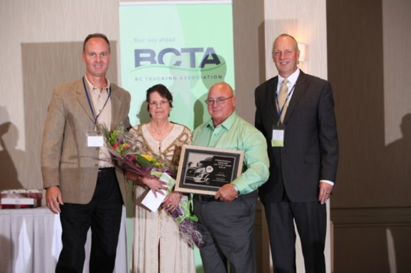 Pictured left to right: Matt Berry, president of Berry & Smith Trucking, Karen & Bob Kelly (B.C. Driver of the Year), and Terry Warkentin, Volvo Trucks Canada.