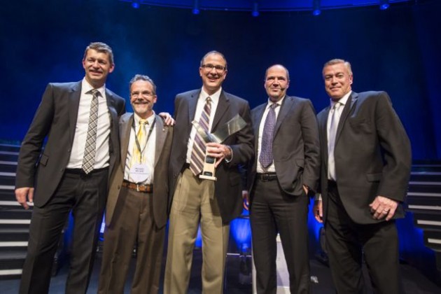 (L-R) Melker Jernberg, chair of the Swedish Steel Prize jury and head of SSAB EMEA, Michael Brown, Mack Trucks director of project management, Greg Kiselis, Mack principal engineer, Martin Lindqvist, CEO and president of SSAB AB, and John Walsh, Mack vice president of marketing.