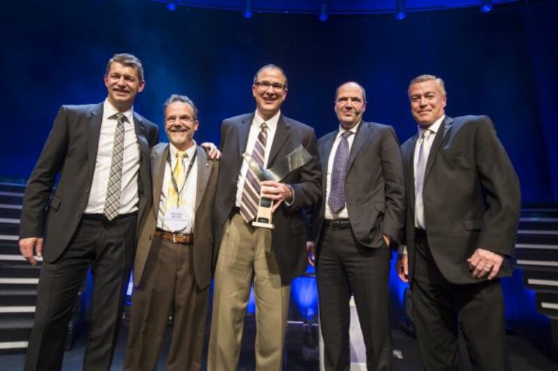 (L-R) Melker Jernberg, chair of the Swedish Steel Prize jury and head of SSAB EMEA, Michael Brown, Mack Trucks director of project management, Greg Kiselis, Mack principal engineer, Martin Lindqvist, CEO and president of SSAB AB, and John Walsh, Mack vice president of marketing.