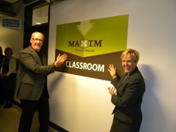 Maxim's Doug Harvey is pictured with Stephanie Forsyth of Red River College. A classroom has been named in Maxim Truck & Trailer's honour, after it made a $100,000 donation to the facility.
