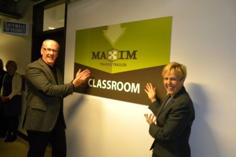 Maxim's Doug Harvey is pictured with Stephanie Forsyth of Red River College. A classroom has been named in Maxim Truck & Trailer's honour, after it made a $100,000 donation to the facility.