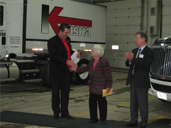 Mississauga mayor Hazel McCallion (centre) congratulations Kriska president Mark Seymour(left) on 35 years in business. Canadian Trucking Alliance president and CEO David Bradley (left) takes part in the ceremony.