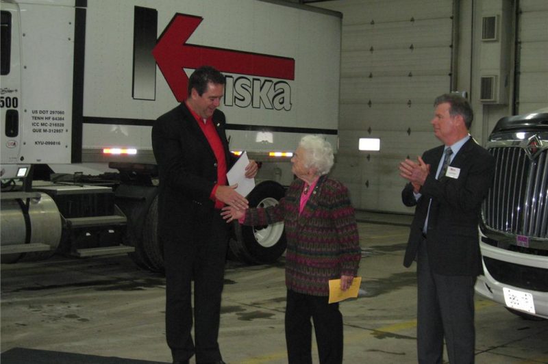 Mississauga mayor Hazel McCallion (centre) congratulations Kriska president Mark Seymour(left) on 35 years in business. Canadian Trucking Alliance president and CEO David Bradley (left) takes part in the ceremony.