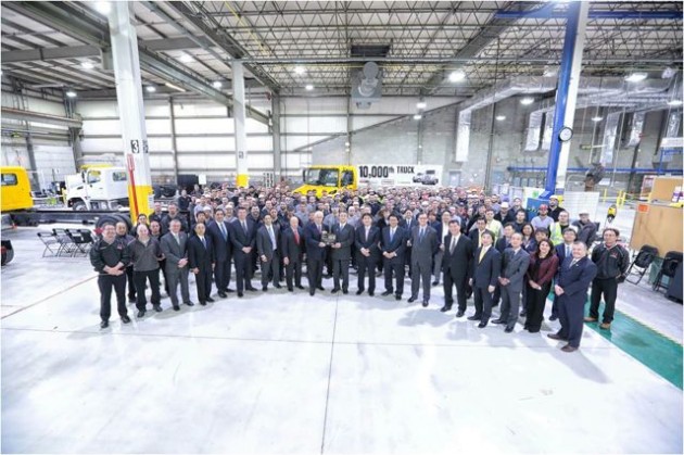 Members of Hino Trucks, including President and CEO Yoshinori Noguchi were on hand as former Hino Motors Ltd chairman Mr. Jagawa presents the key to the 10,000th truck to Roger Penske.  Also in attendance from Penske Truck Leasing were Brian Hard, Art Vallely, Jim Molinaro and Paul Rosa.