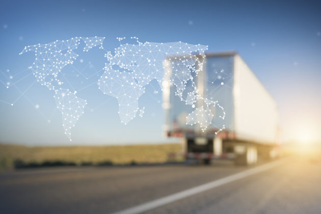 Container Truck on Highway with Polygon Network World Map Graphic alternate text for this image
