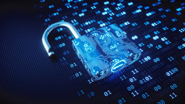 Blue circuitry digital lock on binary code alternate text for this image