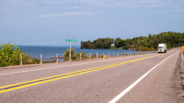 Transport truck on Trans-Canada Highway in northern Ontario alternate text for this image