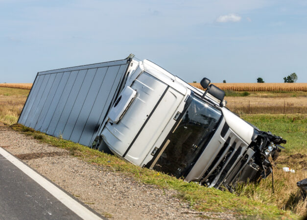 The truck lies in a side ditch after the road accident. alternate text for this image