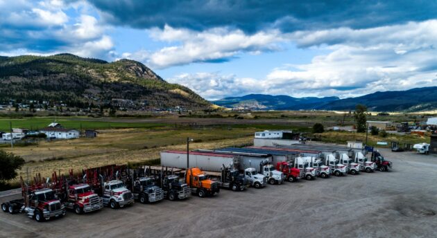 Overhead shot of B.C. log trucks