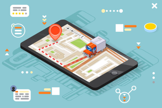 Logistic mobile delivery tracking app 3d isometric smartphone truck pin city street map flat design vector illustration alternate text for this image