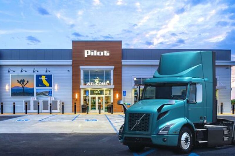Picture of a Volvo truck at a Pilot truckstop.