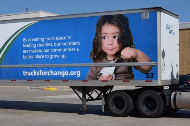 Trailer wrapped with Trucks For Change messaging