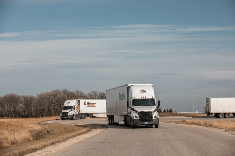 Picture of two Bison Transport trucks on a road.