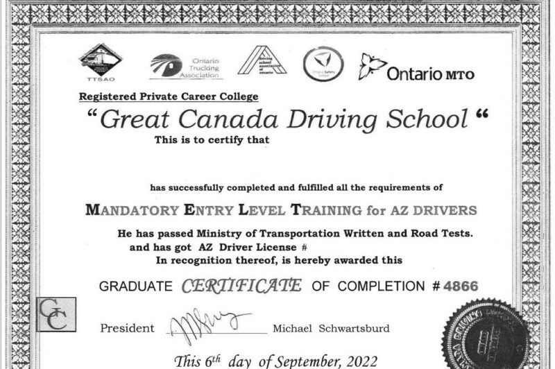 Picture of a driving school certificate