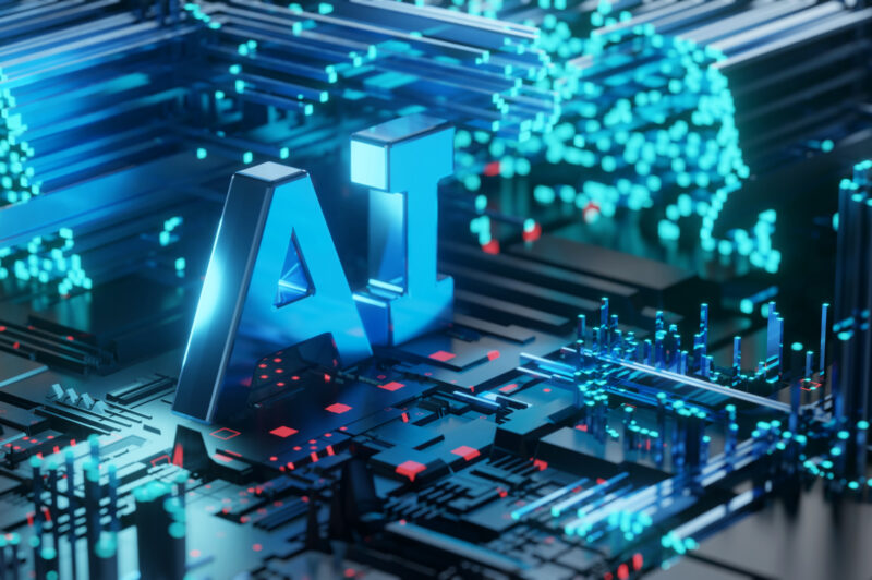 Artificial Intelligence (AI) machine learning innovation technology on circuit board, 3d rendering
