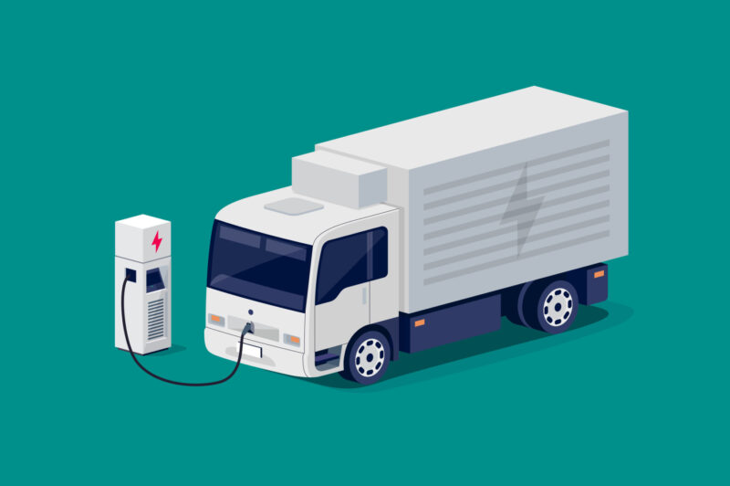 Illustration of a electric box truck charging