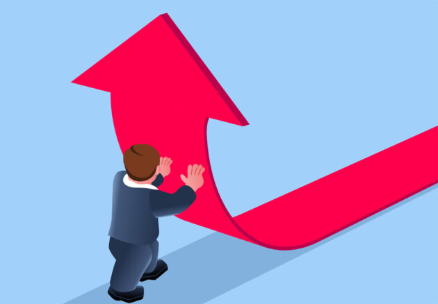 Cartoon businessman working hard to drive changing arrow growth direction, business concept illustration alternate text for this image
