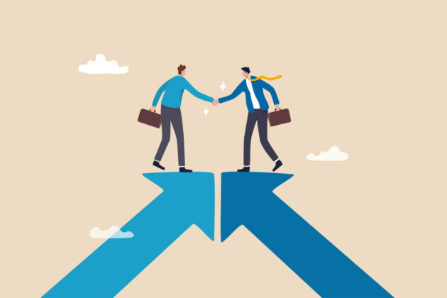 Cooperation partnership, work together for success, team collaboration, agreement or negotiation, collaborate concept, businessmen handshake on growth arrow joining connection agree to work together. alternate text for this image