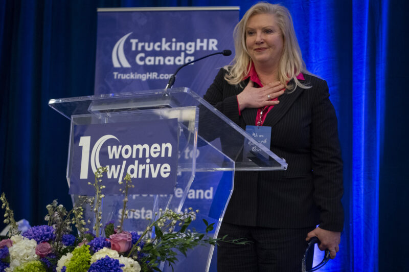 Angelique Magi recieves the Women with Drive 2024 Leadership Award at the 2024 Trucking HR Women With Drive leadership event in Toronto, Ont. on March 7, 2024