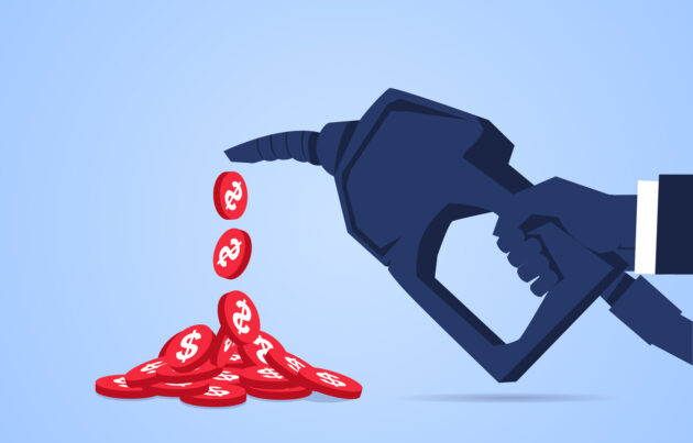 Dollar gold coins flowing out from a hand holding a fuel gun alternate text for this image