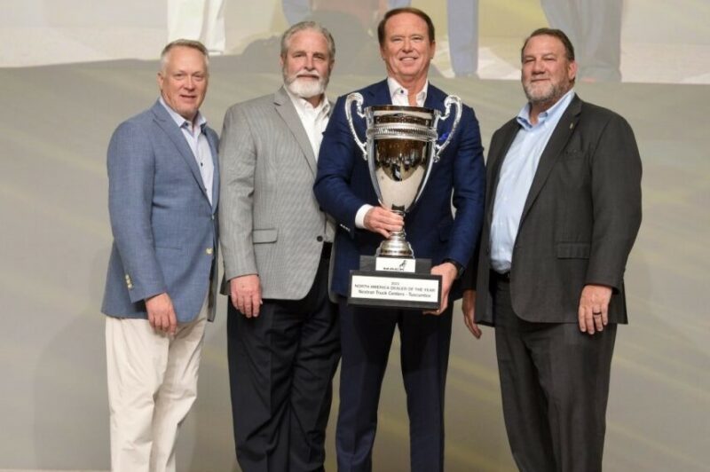 Mack named Ballard the winner during the recent Mack annual dealer meeting in Indian Wells, California. Pictured left to right are Stephen Roy, president of Mack Trucks, Dennis McDaniel, Mack southeast regional vice president, Jon Pritchett, CEO and president of Nextran Truck Centers, who holds the award, and Jonathan Randall, president of Mack Trucks North America.