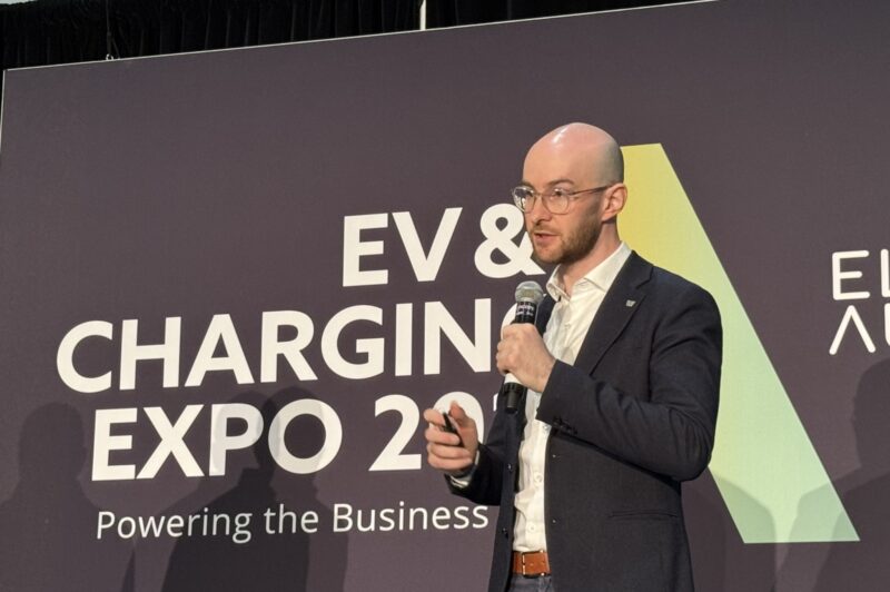 Philippe Louisseize, project manager of electrification at Innovative Vehicle Institute, and Charles Trudel, the institute’s technological applications group manager, during the EV & Charging Expo on May 2 in Toronto, Ont.