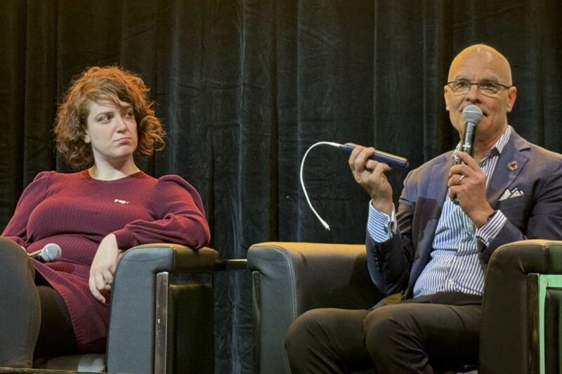 Gabriela Favaron, EV infrastructure director at 7Gen (left) and Robert Safrata, CEO, Novex Delivery Solutions (right).