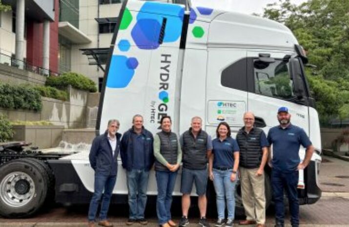 From left to right: Patric Ouellette, vice-president of stations and distribution; Kurt Loewen, chief financial officer; Shannon Halliday, vice-president of corporate affairs; Gerhard Schmidt, vice-president of engineering; Sabina Russell, vice-president of clean fuels; Colin Armstrong, president and CEO; and Jeff Grant, vice-president of transportation solutions, stand in front of HTEC’s first hydrogen fuel cell electric truck as the company commemorates its 20th anniversary.
